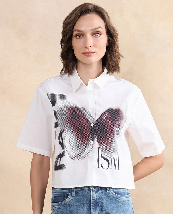 Rareism Women Cetiop White Poplin Fabric Short Sleeve Collared Neck Button Closure Boxy Fit Graphic Print Shirt