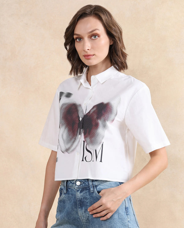 Rareism Women Cetiop White Poplin Fabric Short Sleeve Collared Neck Button Closure Boxy Fit Graphic Print Shirt