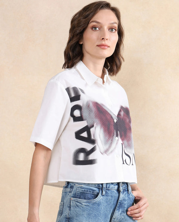 Rareism Women Cetiop White Poplin Fabric Short Sleeve Collared Neck Button Closure Boxy Fit Graphic Print Shirt