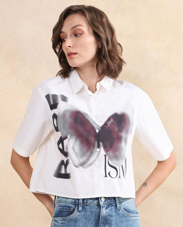 Rareism Women Cetiop White Poplin Fabric Short Sleeve Collared Neck Button Closure Boxy Fit Graphic Print Shirt
