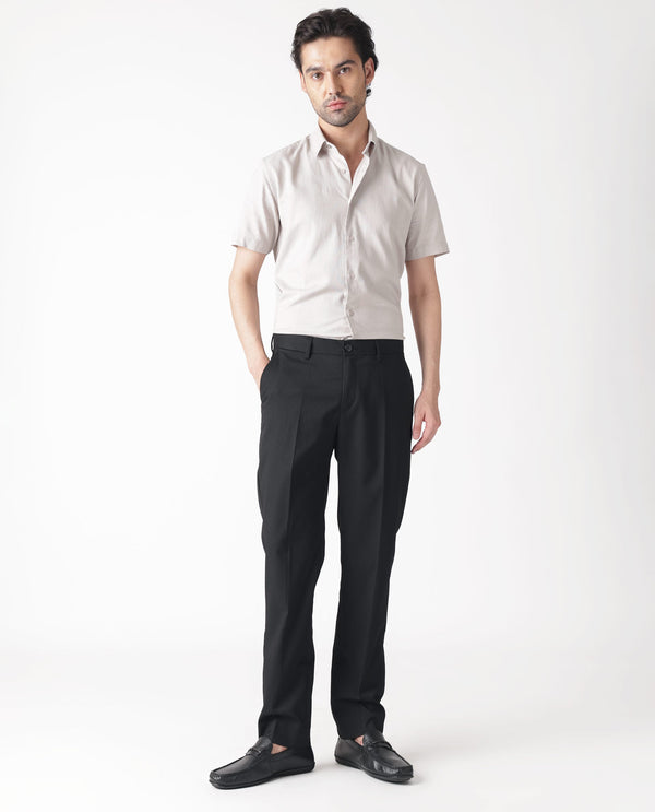 Rare Rabbit Men's Chamer Black Solid Mid-Rise Regular Fit Cavalry Style Trouser