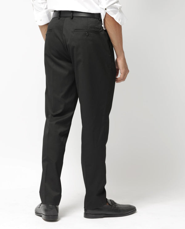 Rare Rabbit Mens Chamey Black Poly Viscose Lycra Fabric Blend Solid Trousers