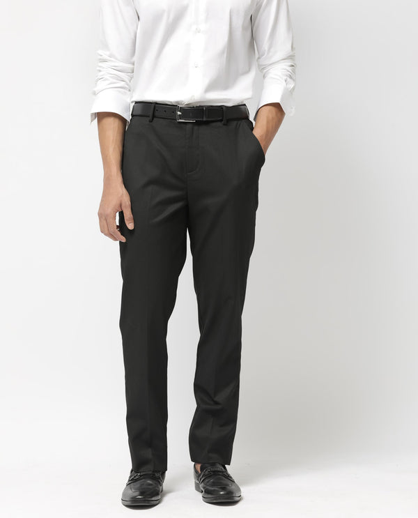Rare Rabbit Mens Chamey Black Poly Viscose Lycra Fabric Blend Solid Trousers