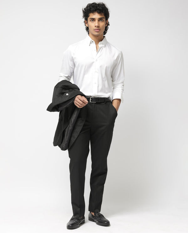 Rare Rabbit Mens Chamey Black Poly Viscose Lycra Fabric Blend Solid Trousers