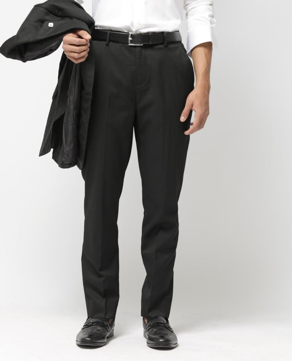 Rare Rabbit Mens Chamey Black Poly Viscose Lycra Fabric Blend Solid Trousers