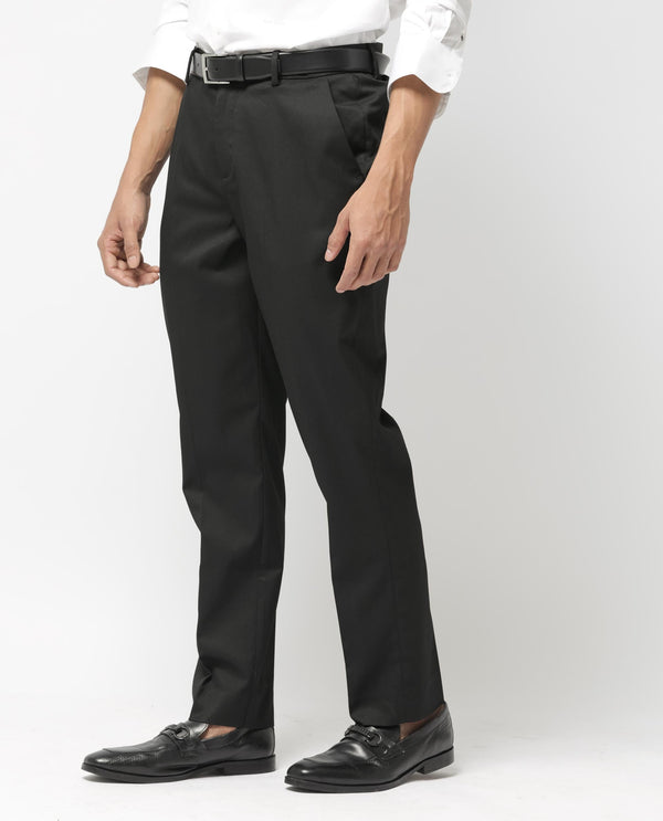 Rare Rabbit Mens Chamey Black Poly Viscose Lycra Fabric Blend Solid Trousers
