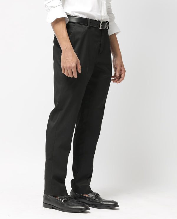 Rare Rabbit Mens Chamey Black Poly Viscose Lycra Fabric Blend Solid Trousers