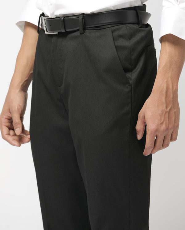 Rare Rabbit Mens Chamey Black Poly Viscose Lycra Fabric Blend Solid Trousers