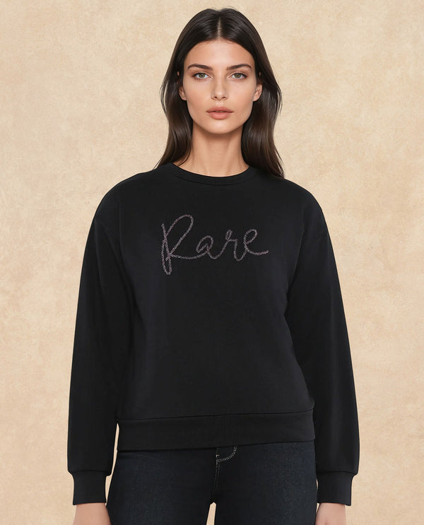 Rareism Women Chant Black Cotton Blend Fabric Full Sleeve Crew Neck Relaxed Fit Plain Sweatshirt