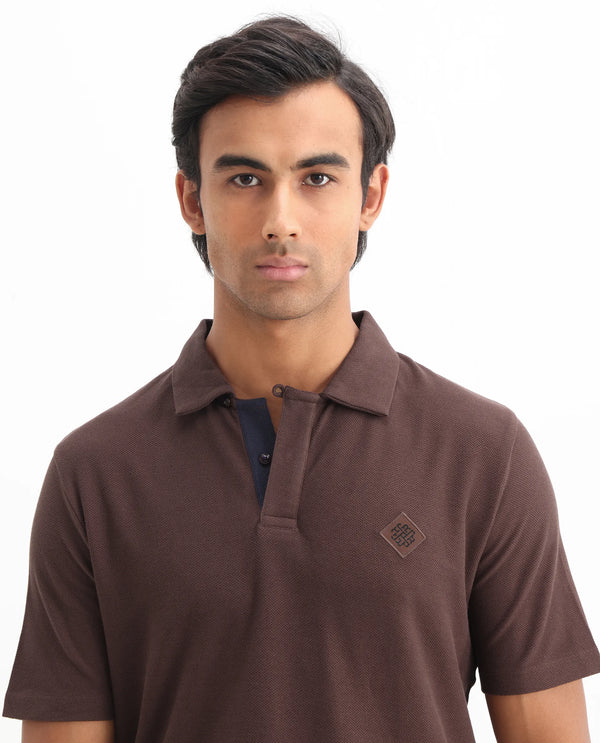 Rare Rabbit Men's Charles Dark Brown Cotton Fabric Short Sleeve Regular Fit Plain Knitted Polo T-Shirt