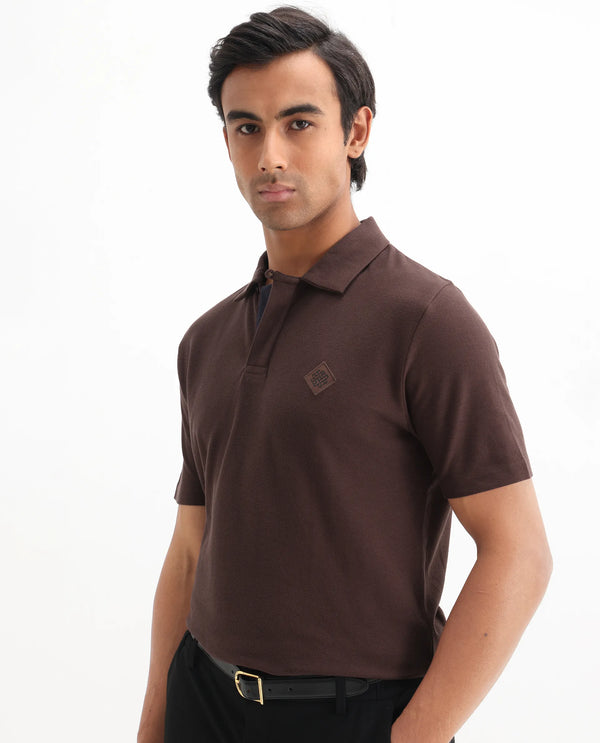 Rare Rabbit Men's Charles Dark Brown Cotton Fabric Short Sleeve Regular Fit Plain Knitted Polo T-Shirt