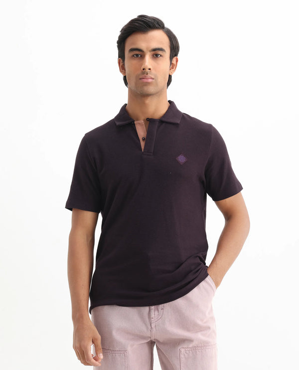 Rare Rabbit Men's Charles Dark Purple Cotton Fabric Short Sleeve Regular Fit Plain Knitted Polo T-Shirt