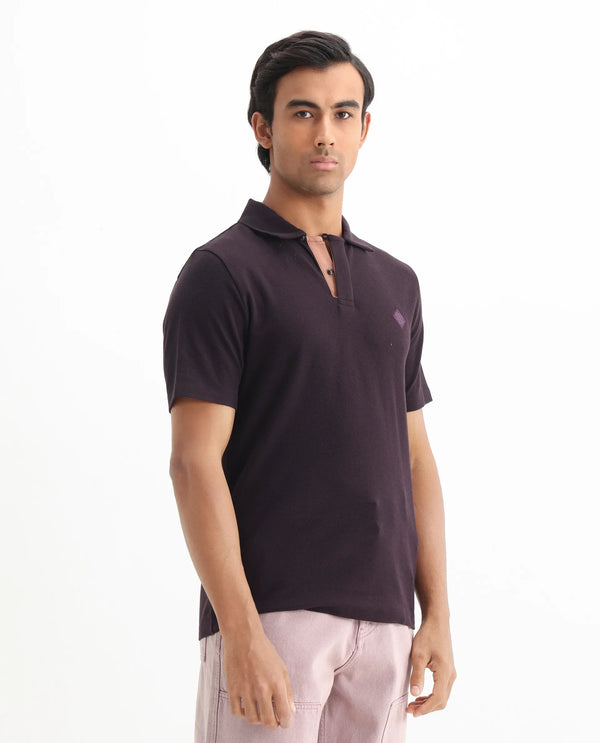 Rare Rabbit Men's Charles Dark Purple Cotton Fabric Short Sleeve Regular Fit Plain Knitted Polo T-Shirt