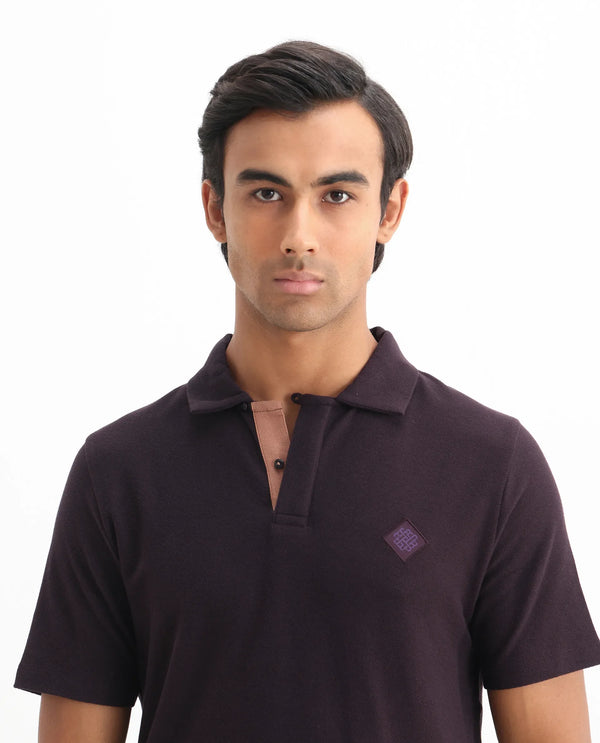 Rare Rabbit Men's Charles Dark Purple Cotton Fabric Short Sleeve Regular Fit Plain Knitted Polo T-Shirt
