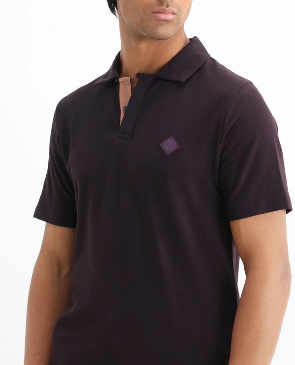 Rare Rabbit Men's Charles Dark Purple Cotton Fabric Short Sleeve Regular Fit Plain Knitted Polo T-Shirt