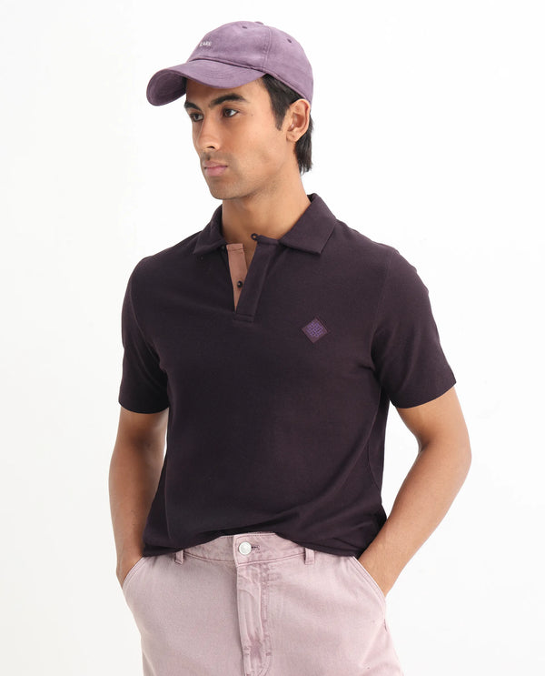 Rare Rabbit Men's Charles Dark Purple Cotton Fabric Short Sleeve Regular Fit Plain Knitted Polo T-Shirt
