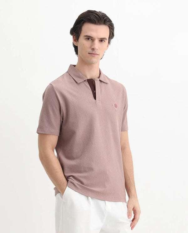 Rare Rabbit Men's Charles Dusky Pink Cotton Fabric Short Sleeve Regular Fit Plain Knitted Polo T-Shirt