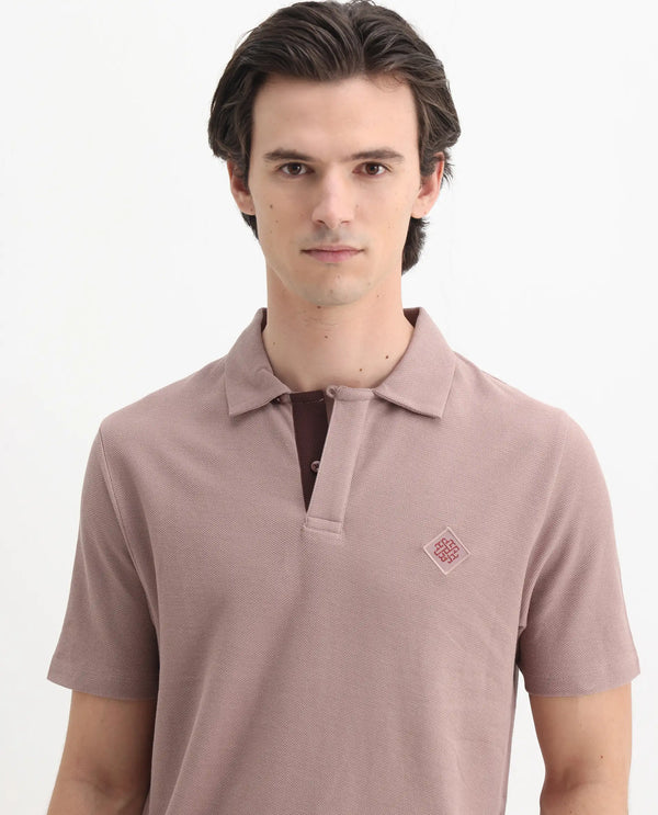 Rare Rabbit Men's Charles Dusky Pink Cotton Fabric Short Sleeve Regular Fit Plain Knitted Polo T-Shirt
