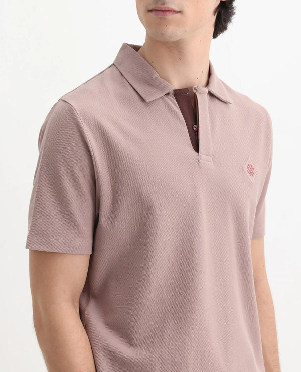 Rare Rabbit Men's Charles Dusky Pink Cotton Fabric Short Sleeve Regular Fit Plain Knitted Polo T-Shirt