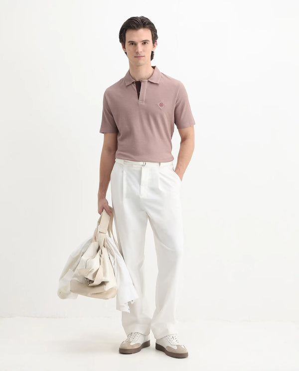 Rare Rabbit Men's Charles Dusky Pink Cotton Fabric Short Sleeve Regular Fit Plain Knitted Polo T-Shirt