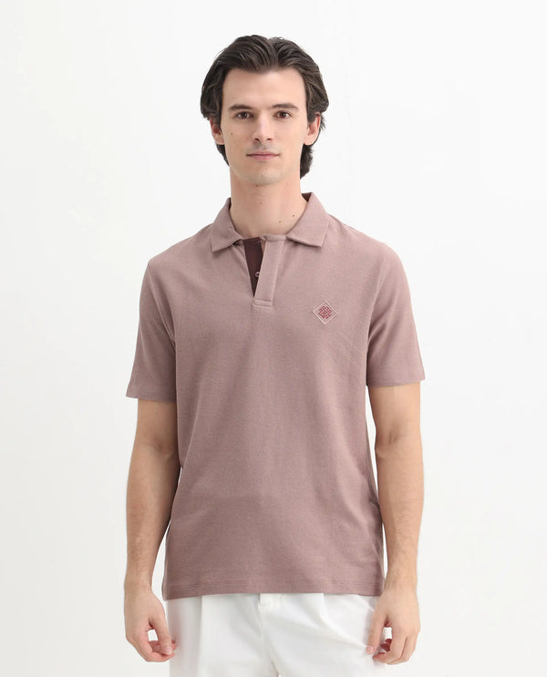 Rare Rabbit Men's Charles Dusky Pink Cotton Fabric Short Sleeve Regular Fit Plain Knitted Polo T-Shirt