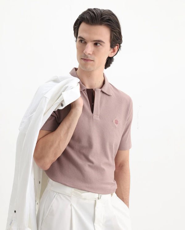 Rare Rabbit Men's Charles Dusky Pink Cotton Fabric Short Sleeve Regular Fit Plain Knitted Polo T-Shirt
