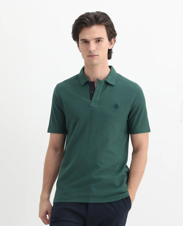 Rare Rabbit Men's Charles Green Cotton Fabric Short Sleeve Regular Fit Plain Knitted Polo T-Shirt