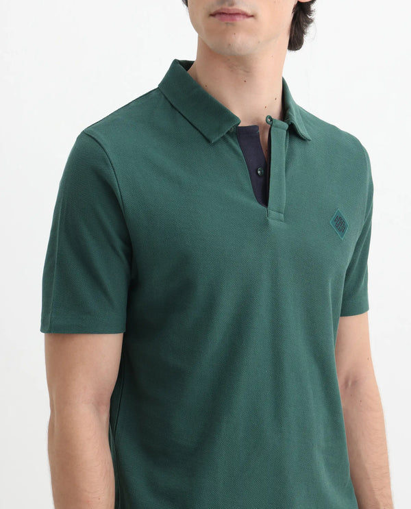 Rare Rabbit Men's Charles Green Cotton Fabric Short Sleeve Regular Fit Plain Knitted Polo T-Shirt