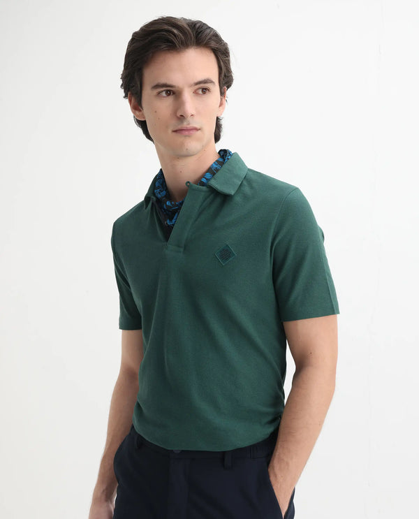Rare Rabbit Men's Charles Green Cotton Fabric Short Sleeve Regular Fit Plain Knitted Polo T-Shirt