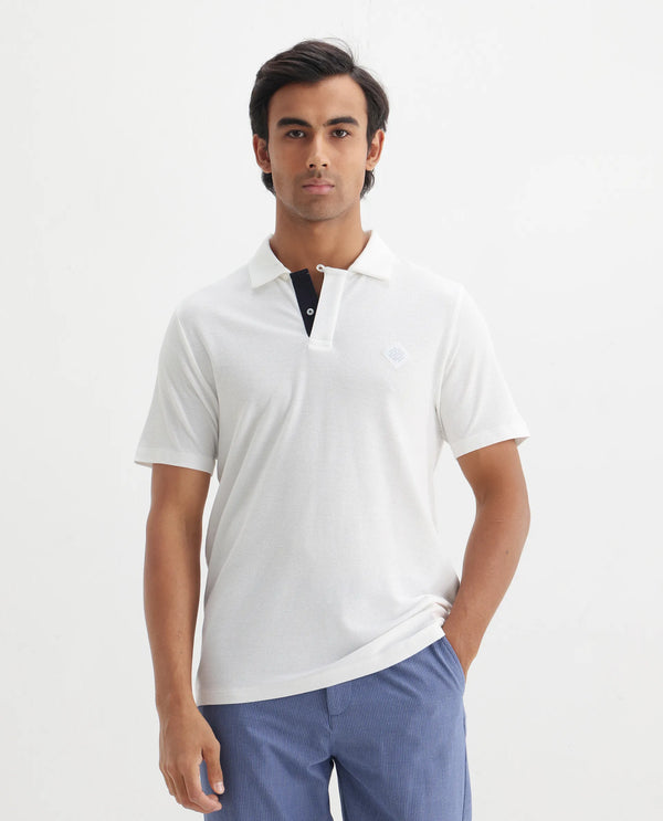 Rare Rabbit Men's Charles Off White Cotton Fabric Short Sleeve Regular Fit Plain Knitted Polo T-Shirt