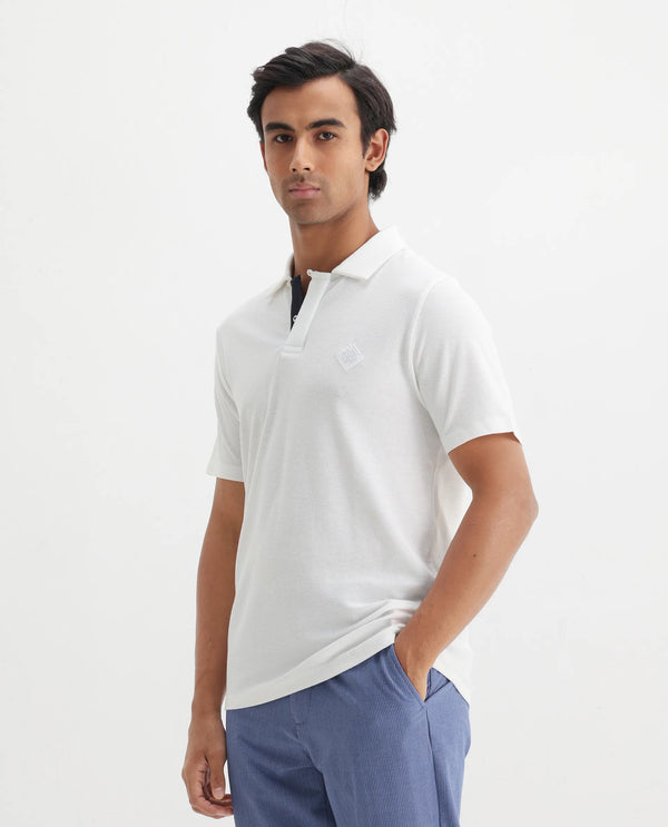 Rare Rabbit Men's Charles Off White Cotton Fabric Short Sleeve Regular Fit Plain Knitted Polo T-Shirt