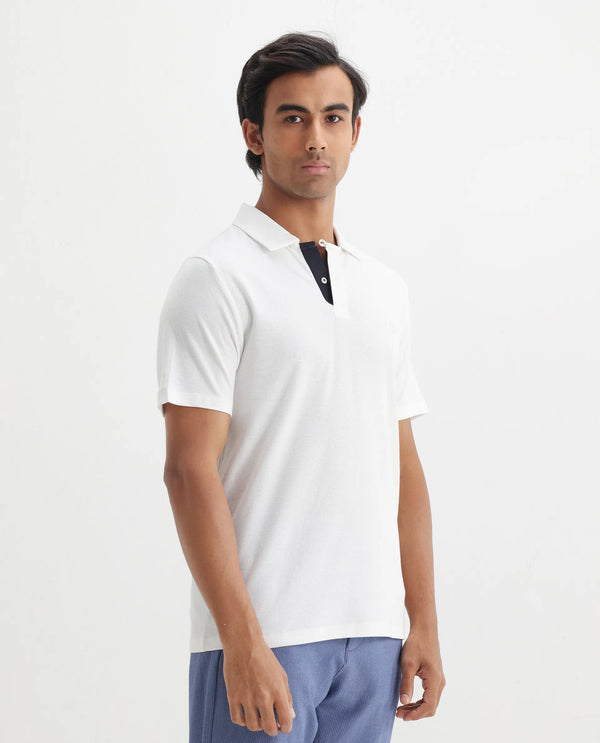 Rare Rabbit Men's Charles Off White Cotton Fabric Short Sleeve Regular Fit Plain Knitted Polo T-Shirt