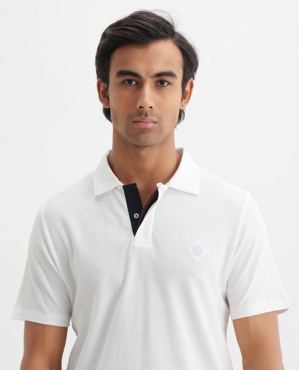 Rare Rabbit Men's Charles Off White Cotton Fabric Short Sleeve Regular Fit Plain Knitted Polo T-Shirt