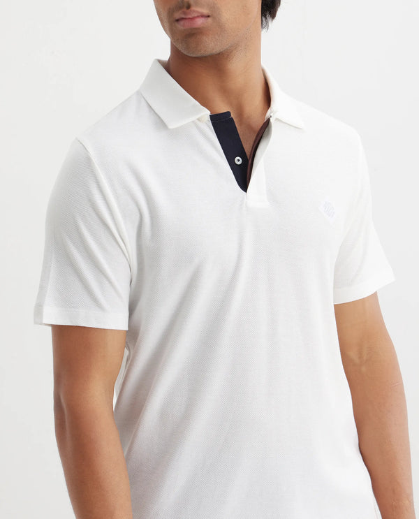 Rare Rabbit Men's Charles Off White Cotton Fabric Short Sleeve Regular Fit Plain Knitted Polo T-Shirt