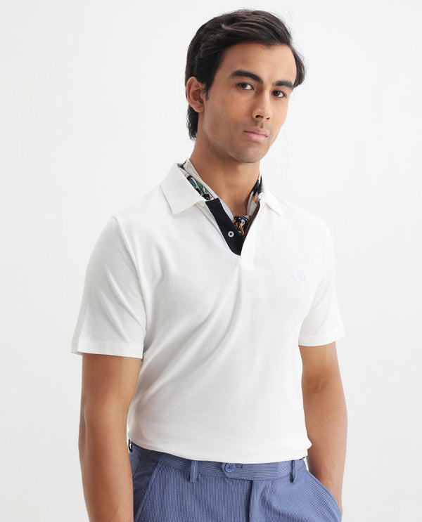 Rare Rabbit Men's Charles Off White Cotton Fabric Short Sleeve Regular Fit Plain Knitted Polo T-Shirt