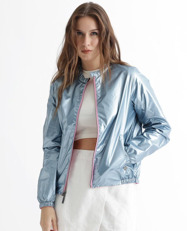 Rareism Women Charlotte Pink Polyester Fabric Full Sleeves Solid Mandarin Collar Jacket