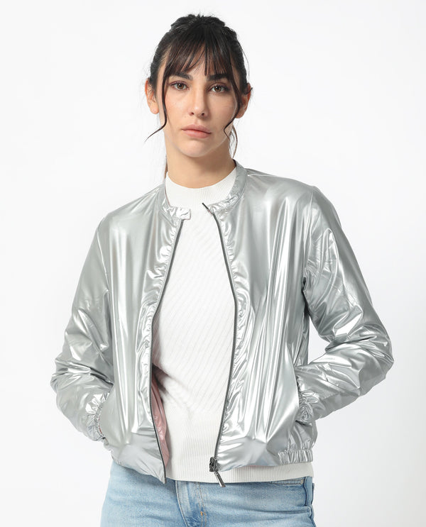 Rareism Women Charlotte Silver Polyester Fabric Full Sleeves Solid Mandarin Collar Jacket