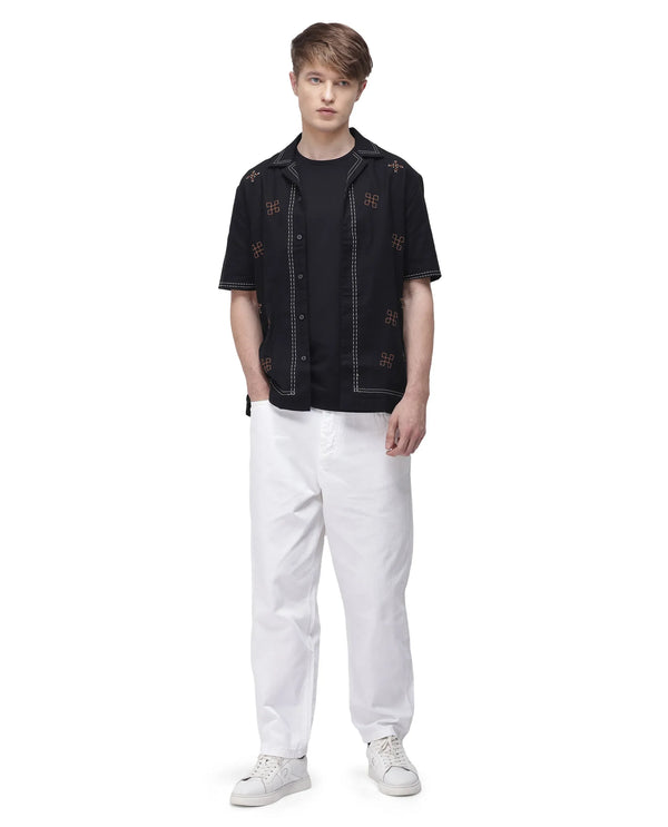 Rare Rabbit Men Chate Black Cotton Fabric Plain Shirt