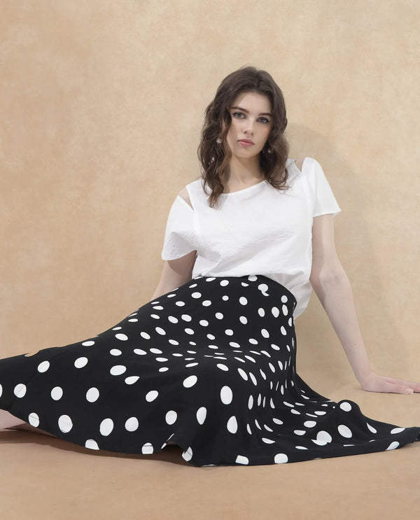 Rareism Women Chatton Black Polyester Fabric Print Ankle Length Skirt