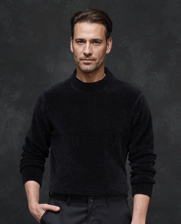 Rare Rabbit Men's Chens Black Chenille Fabric Full Sleeve Regular Fit Crew Neck Textured Sweater
