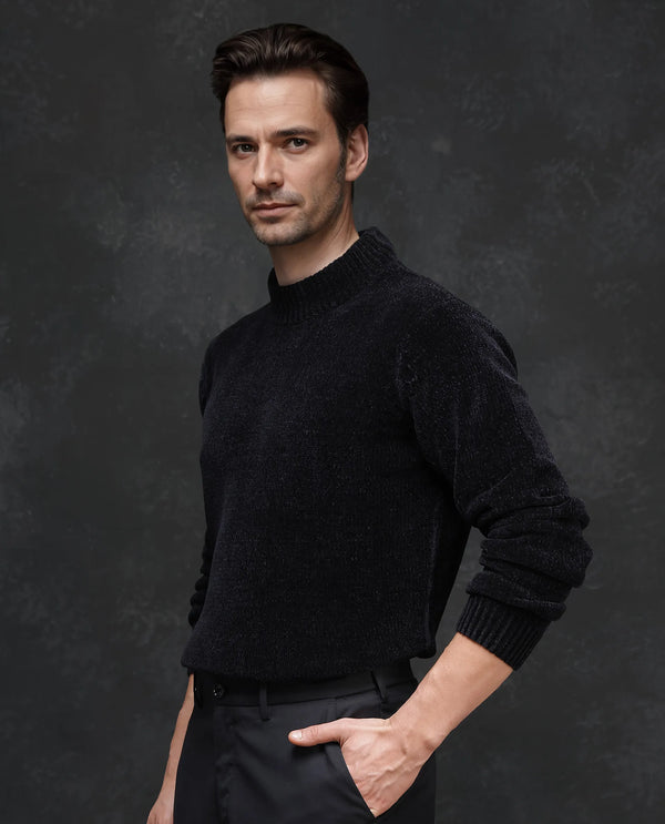 Rare Rabbit Men's Chens Black Chenille Fabric Full Sleeve Regular Fit Crew Neck Textured Sweater