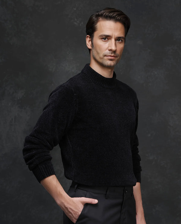 Rare Rabbit Men's Chens Black Chenille Fabric Full Sleeve Regular Fit Crew Neck Textured Sweater