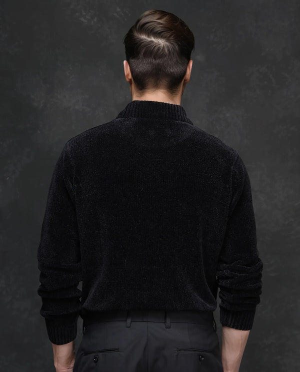 Rare Rabbit Men's Chens Black Chenille Fabric Full Sleeve Regular Fit Crew Neck Textured Sweater