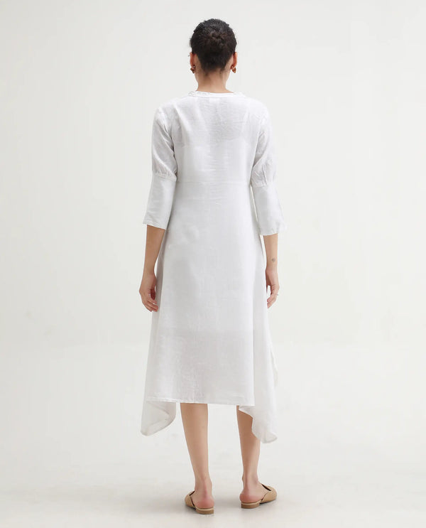 Rareism Women's Chreey 1 White Cotton Fabric V-Neck Tie-Up Closure Extended Sleeve Plain Relaxed Fit Knee Length Dress