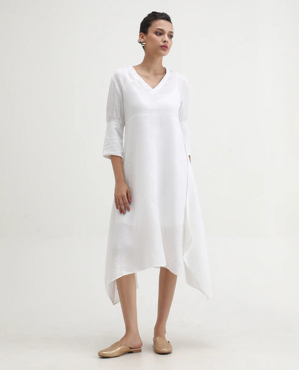 Rareism Women's Chreey 1 White Cotton Fabric V-Neck Tie-Up Closure Extended Sleeve Plain Relaxed Fit Knee Length Dress