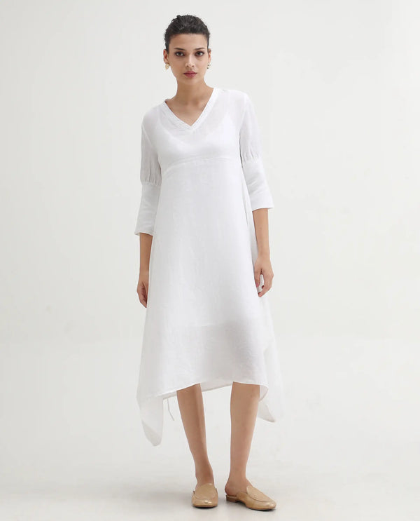 Rareism Women's Chreey 1 White Cotton Fabric V-Neck Tie-Up Closure Extended Sleeve Plain Relaxed Fit Knee Length Dress