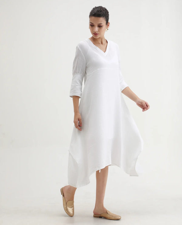 Rareism Women's Chreey 1 White Cotton Fabric V-Neck Tie-Up Closure Extended Sleeve Plain Relaxed Fit Knee Length Dress