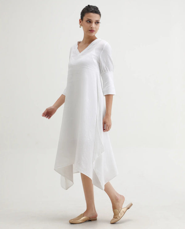 Rareism Women's Chreey 1 White Cotton Fabric V-Neck Tie-Up Closure Extended Sleeve Plain Relaxed Fit Knee Length Dress