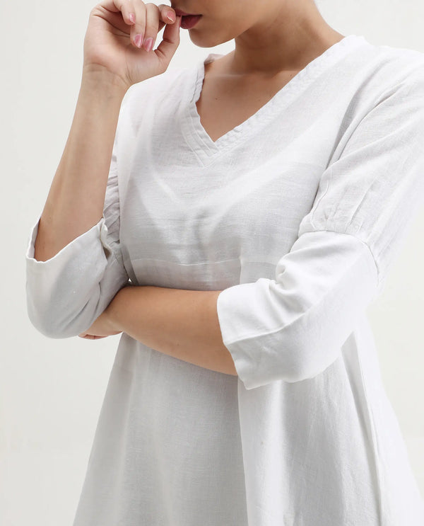 Rareism Women's Chreey 1 White Cotton Fabric V-Neck Tie-Up Closure Extended Sleeve Plain Relaxed Fit Knee Length Dress