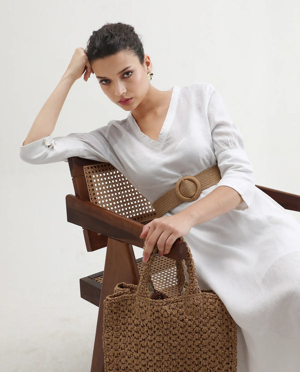 Rareism Women's Chreey 1 White Cotton Fabric V-Neck Tie-Up Closure Extended Sleeve Plain Relaxed Fit Knee Length Dress